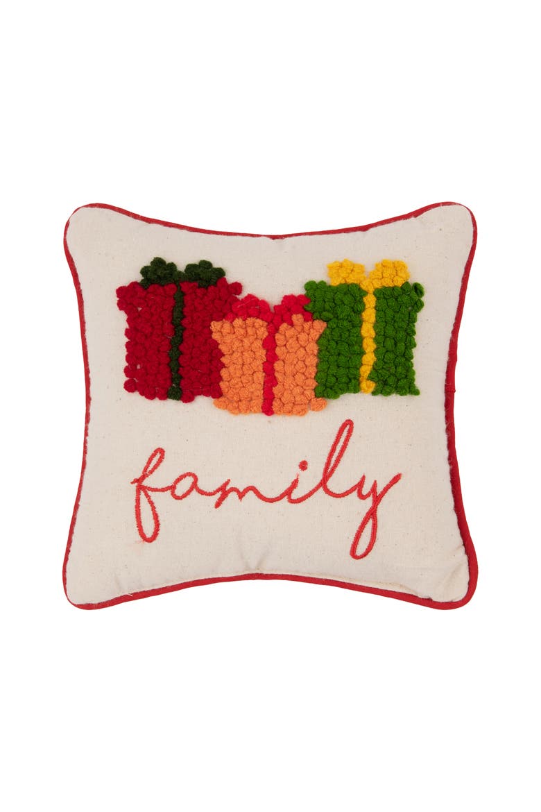 Christmas Presents "Family" French Knot Mini Accent Pillow 8" x 8", Main, color, Beige