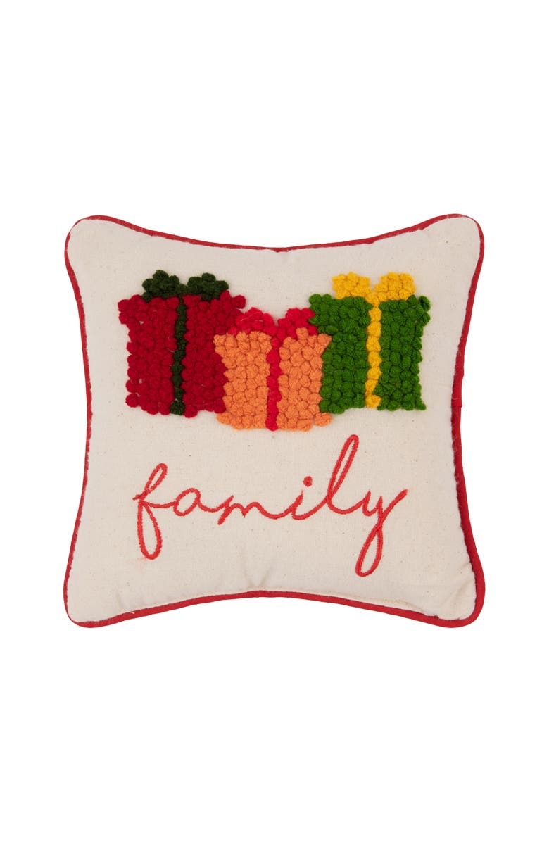 C&F Home Christmas Presents "Family" French Knot Mini Accent Pillow 8" x 8", Main, color, Beige