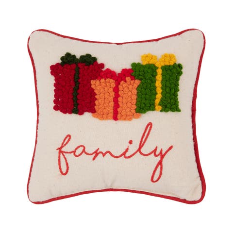 Christmas Presents "Family" French Knot Mini Accent Pillow 8" x 8"