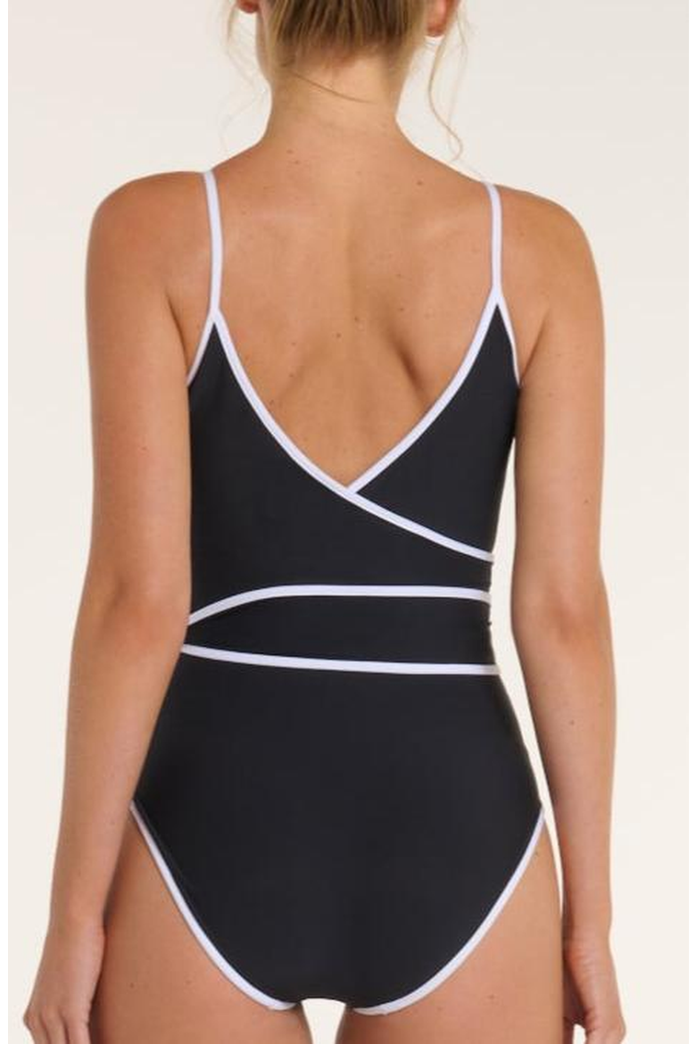 Amelia V-Neck Wrap One-Piece Swimsuit, Alternate, color, Black/White