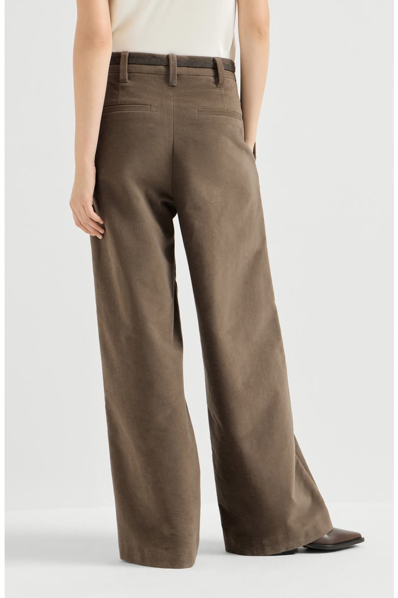 Stretch Cotton Moleskin Loose Tailored Trousers With Monili, Alternate, color, Brown