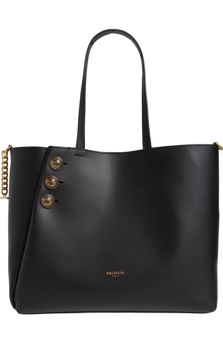 Balmain Emblem Crest Button Calfskin Shopper, Main, color,