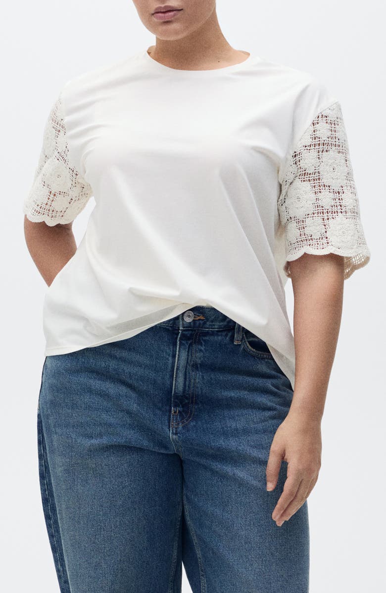 MANGO Open Stitch Trim T-Shirt, Alternate, color, White