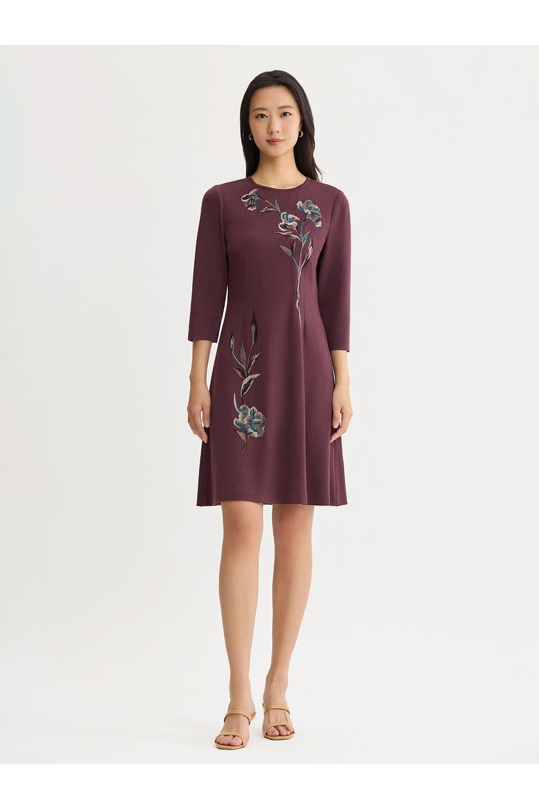 Floral Embroidered A-Line Soft Knit Dress, Main, color, Mahogany/Stardust/Charmeuse