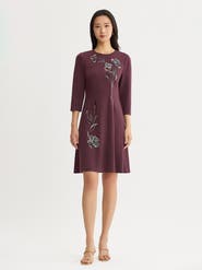 Misook Floral Embroidered A-Line Soft Knit Dress