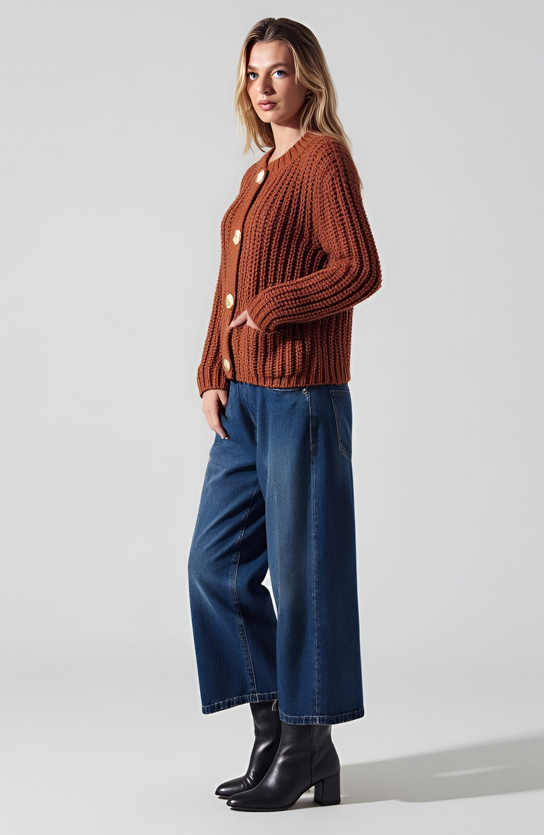 Modenaire Chunky Ribbed Gold-Button Patch-Pocket Cardigan, Alternate, color, Rust