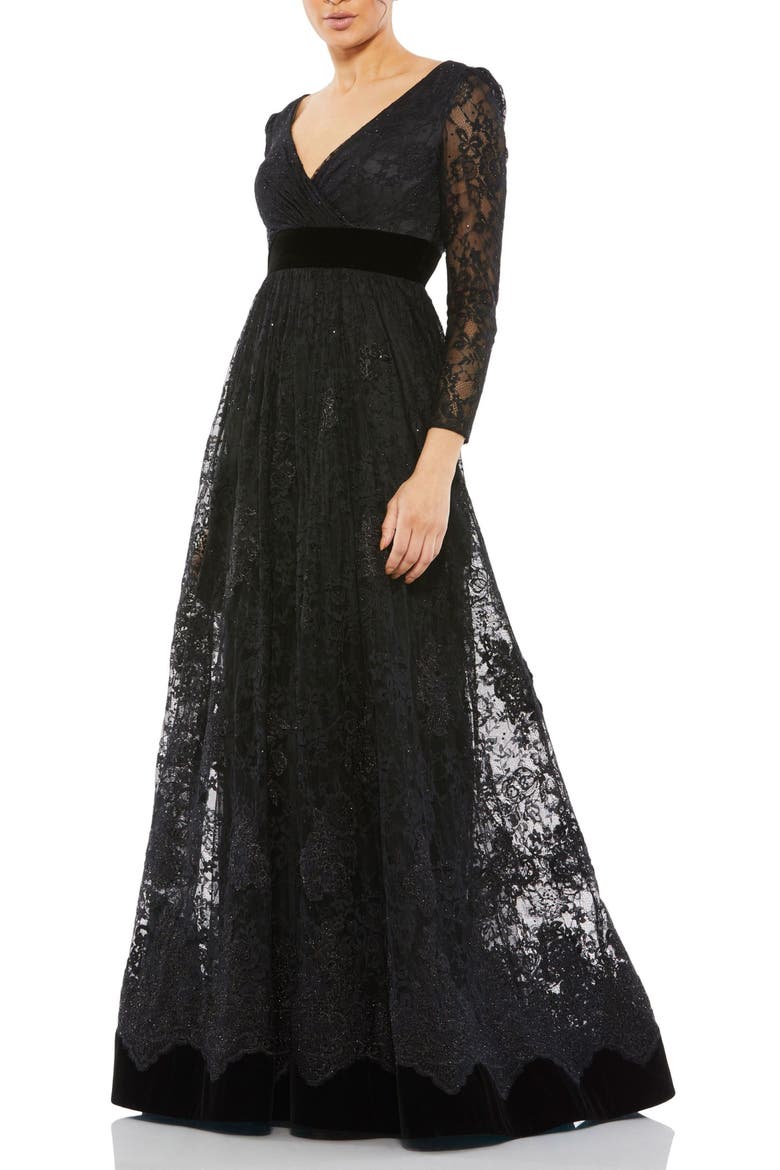Lace Long Sleeve Wrap Over Velvet Waistband A Line, Alternate, color, Black