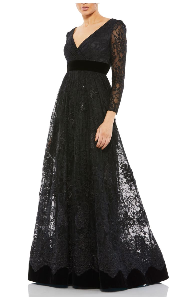 Mac Duggal Lace Long Sleeve Wrap Over Velvet Waistband A Line, Alternate, color, Black