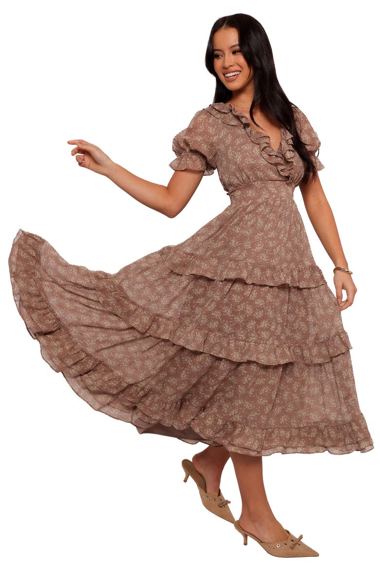 Dayla Floral Ruffle Midi Dress, Alternate, color, BROWN/ LIGHT BEIGE