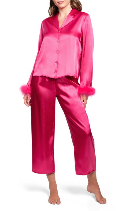 Nayeli Marabou Trim Satin Top & Pants Pajamas
