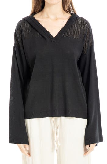 Max Studio Pointelle Hooded Sweater In Black