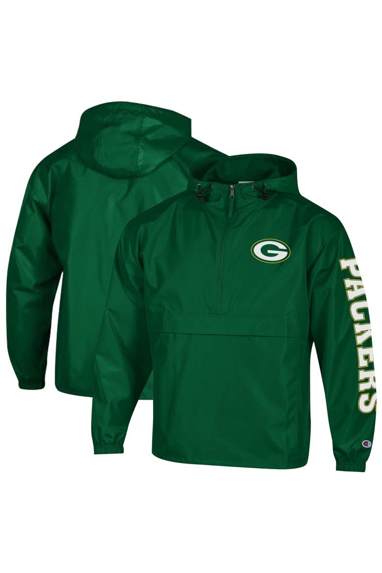 Men's Champion Green Green Bay Packers Packable Hooded Windbreaker Half-Zip Jacket, Main, color, Green