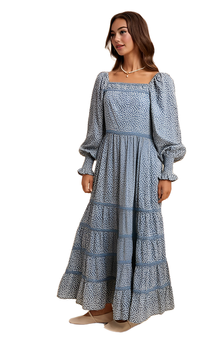Knit and Lounge Long-Sleeve Tiered Square Neck Maxi Dress, Alternate, color, 