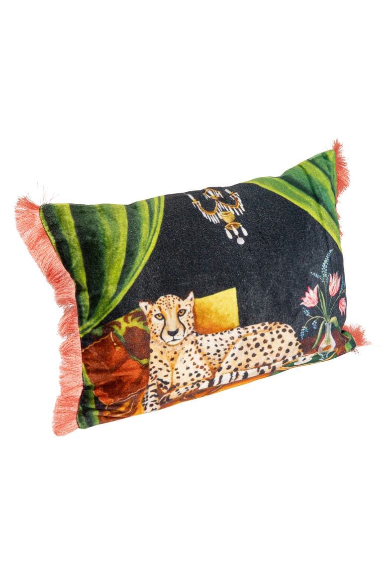 Cotton Blend Velvet Printed Lumbar Pillow with Cheetah Image and Eyelash Fringe, Multi Color, Alternate, color, Green