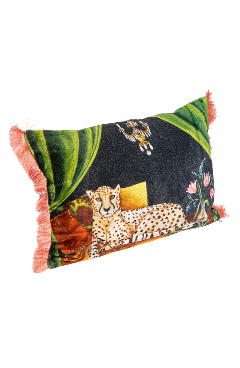 Storied Home Cotton Blend Velvet Printed Lumbar Pillow with Cheetah Image and Eyelash Fringe, Multi Color, Alternate, color,