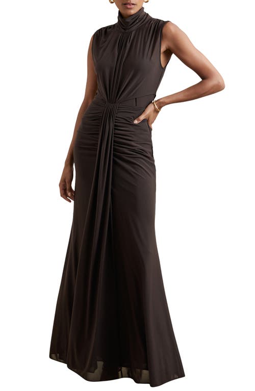 Reiss Daniella Drape & Ruched Detail Sleeveless Gown In Brown