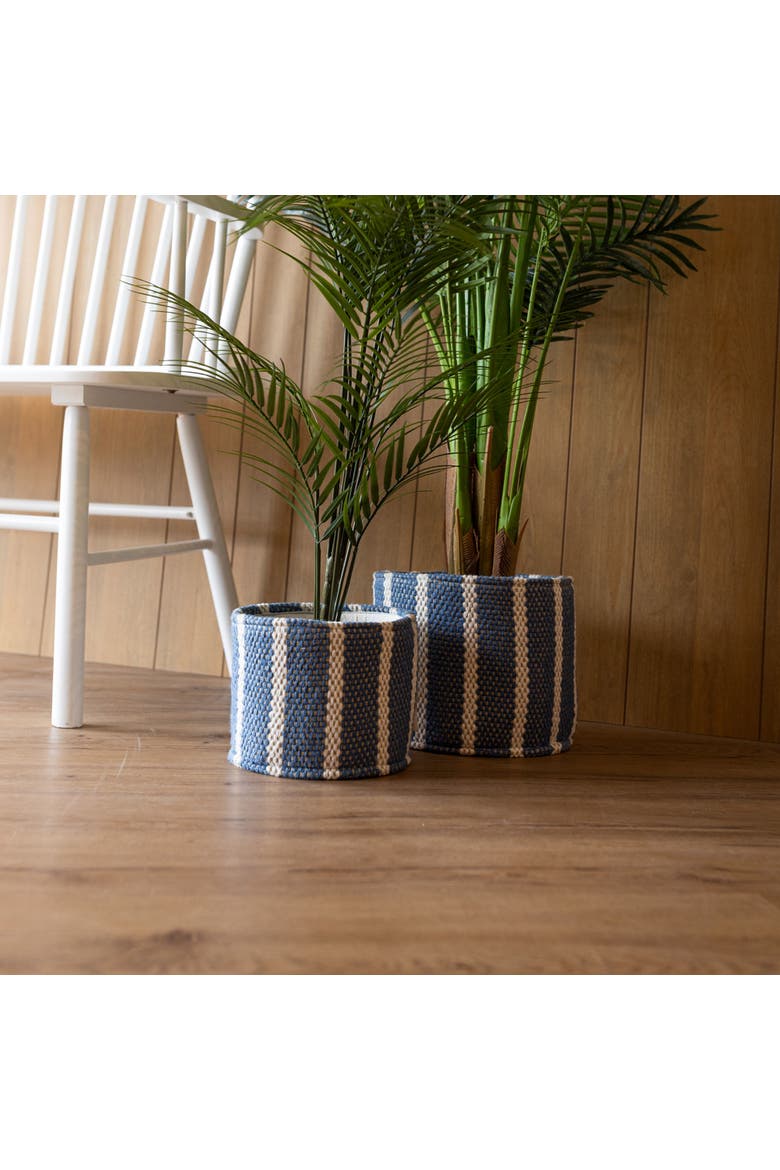 Set of 2 Hand Woven Bins Blue Striped Cotton, Alternate, color, Blue