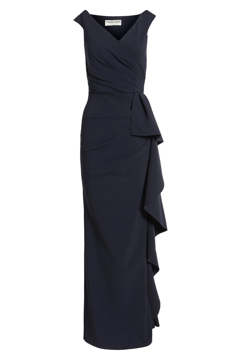 Sozen Cascade Ruffle Sleeveless Gown, Alternate, color, DARK NAVY
