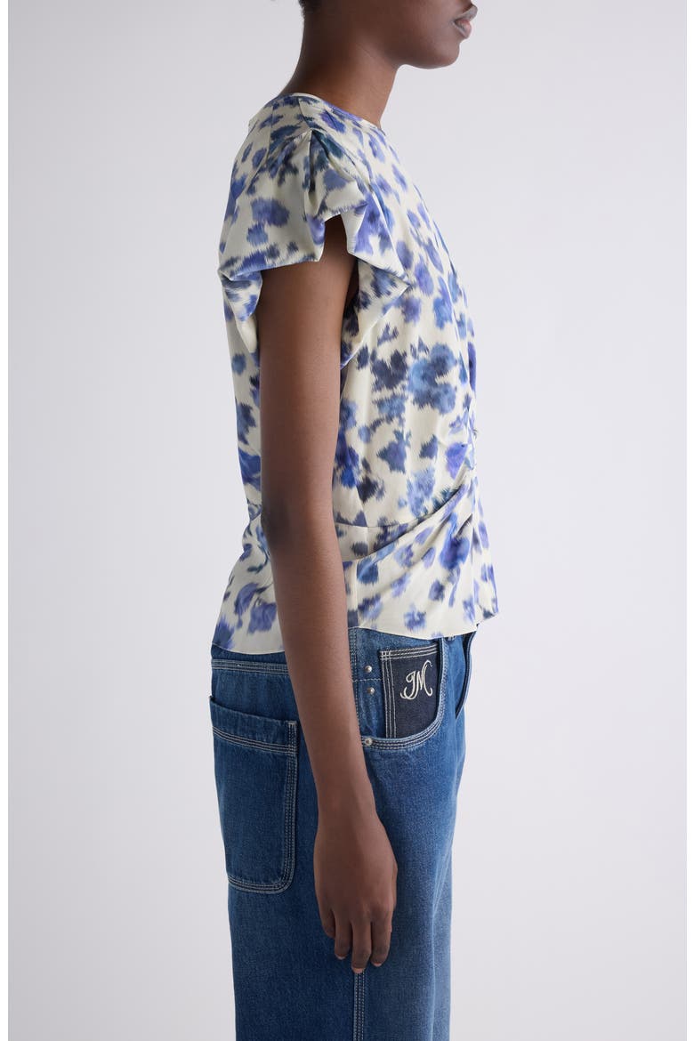 Tullya Ikat Floral Bubble Sleeve Stretch Silk Top, Alternate, color, BLUE