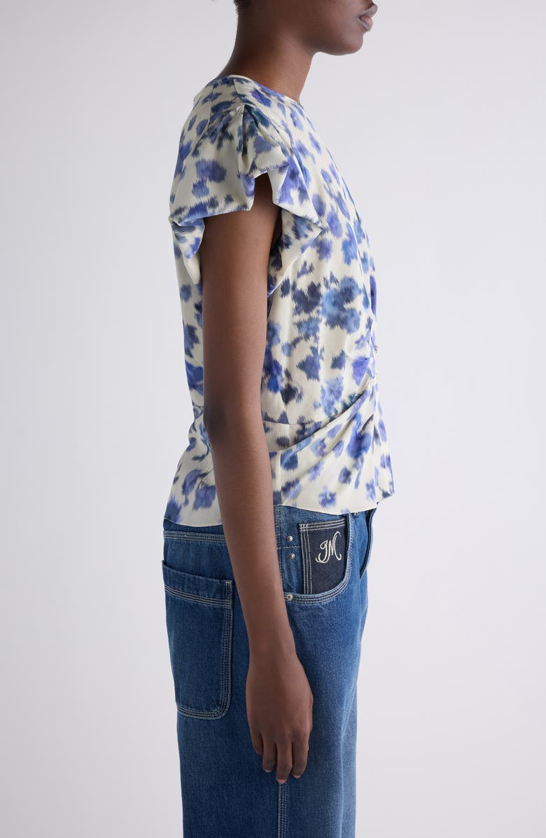 Isabel Marant Tullya Ikat Floral Bubble Sleeve Stretch Silk Top, Alternate, color, Blue