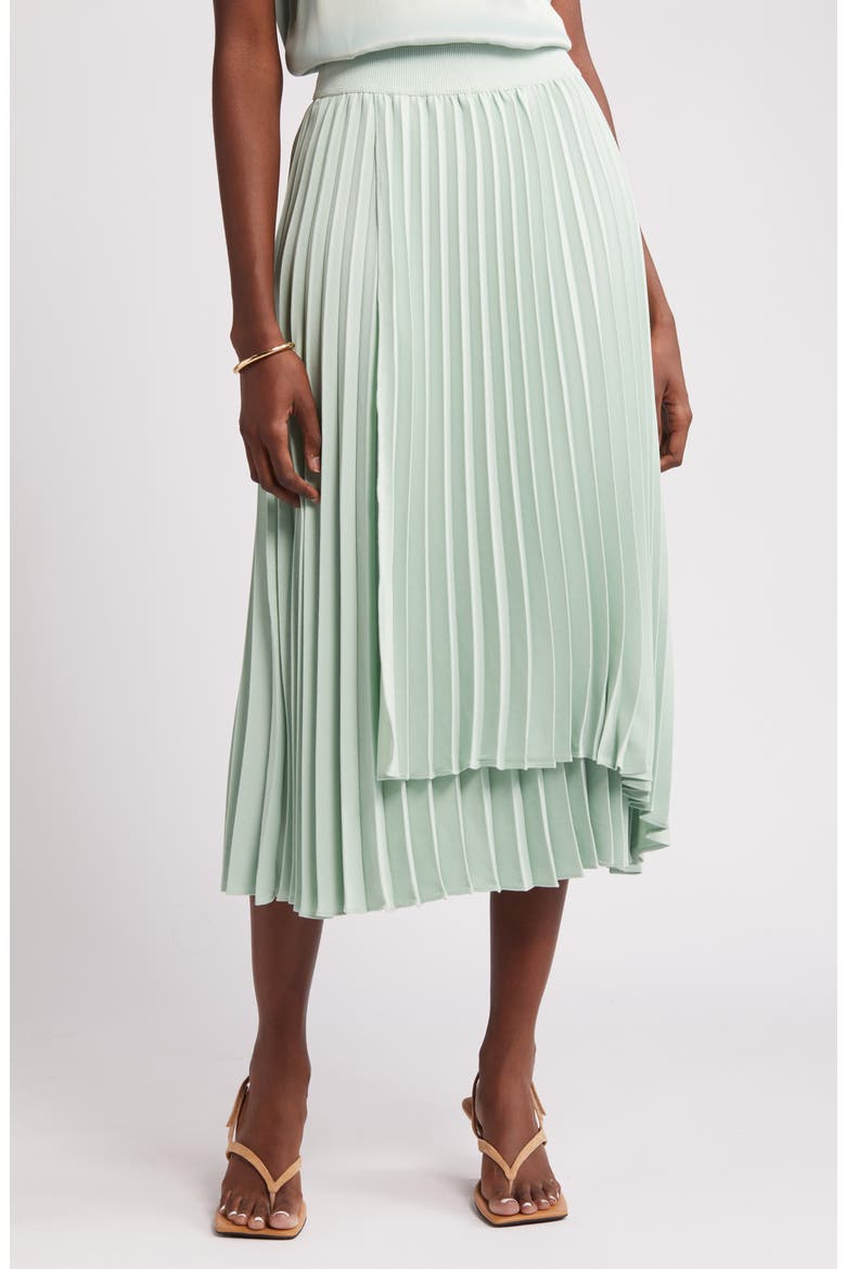 Pleated Asymmetric Hem Midi Skirt, Main, color, GREEN FONDANT