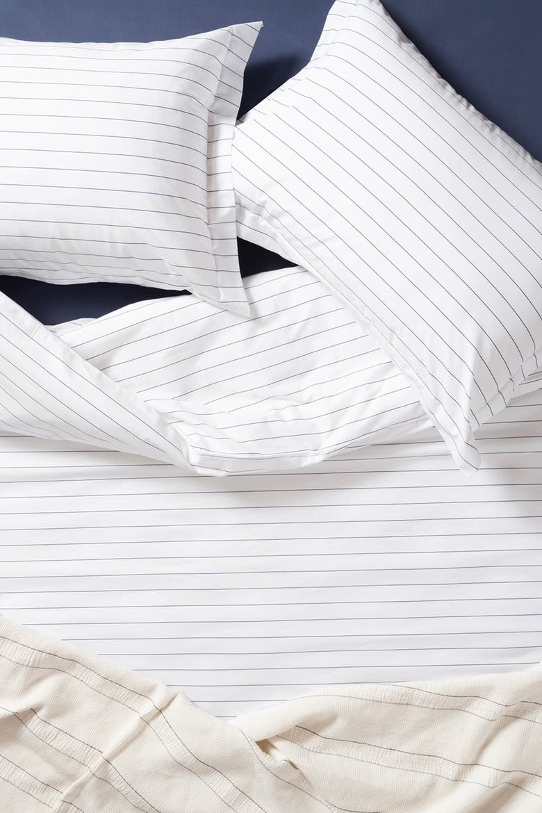 Brito Navy Linear Printed Cotton Percale King Duvet Cover Set, Main, color, White