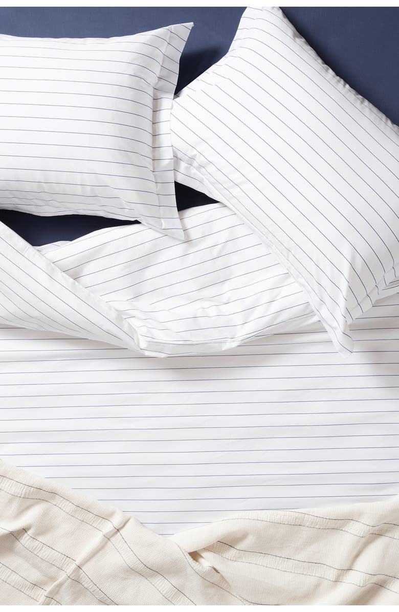 Zsa Zsa Zsu Brito Navy Linear Printed Cotton Percale King Duvet Cover Set, Main, color, White