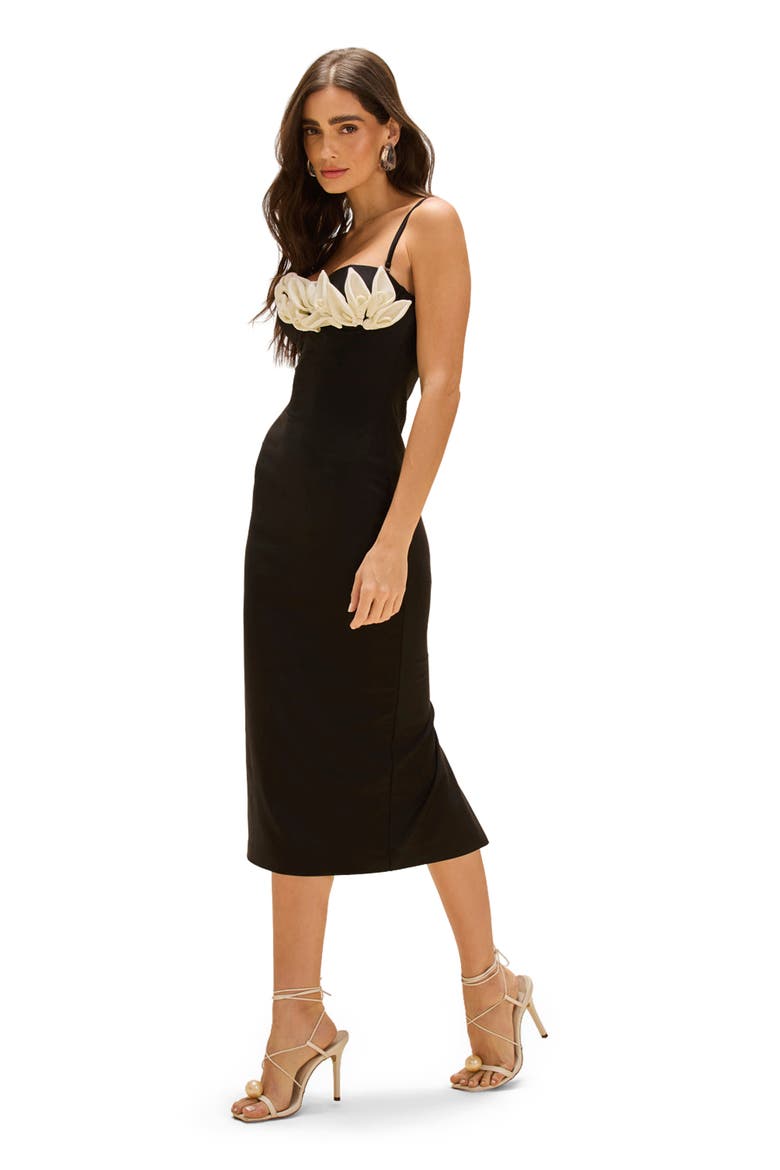 Selene Mesh Flower Applique Midi Dress, Alternate, color, BLACK