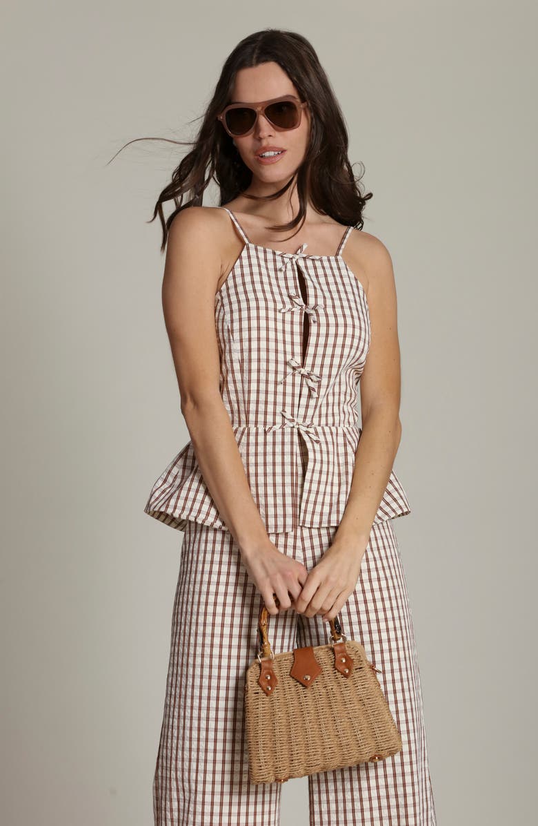 Avec Les Filles Check Bow Tie Front Peplum Jumpsuit, Alternate, color, Cream And Brown