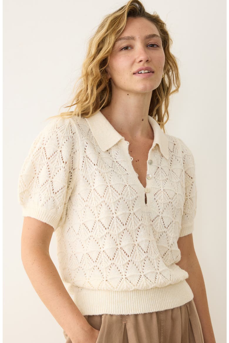 Rebecca Short Sleeve Pointelle Polo Sweater, Alternate, color, CREAM