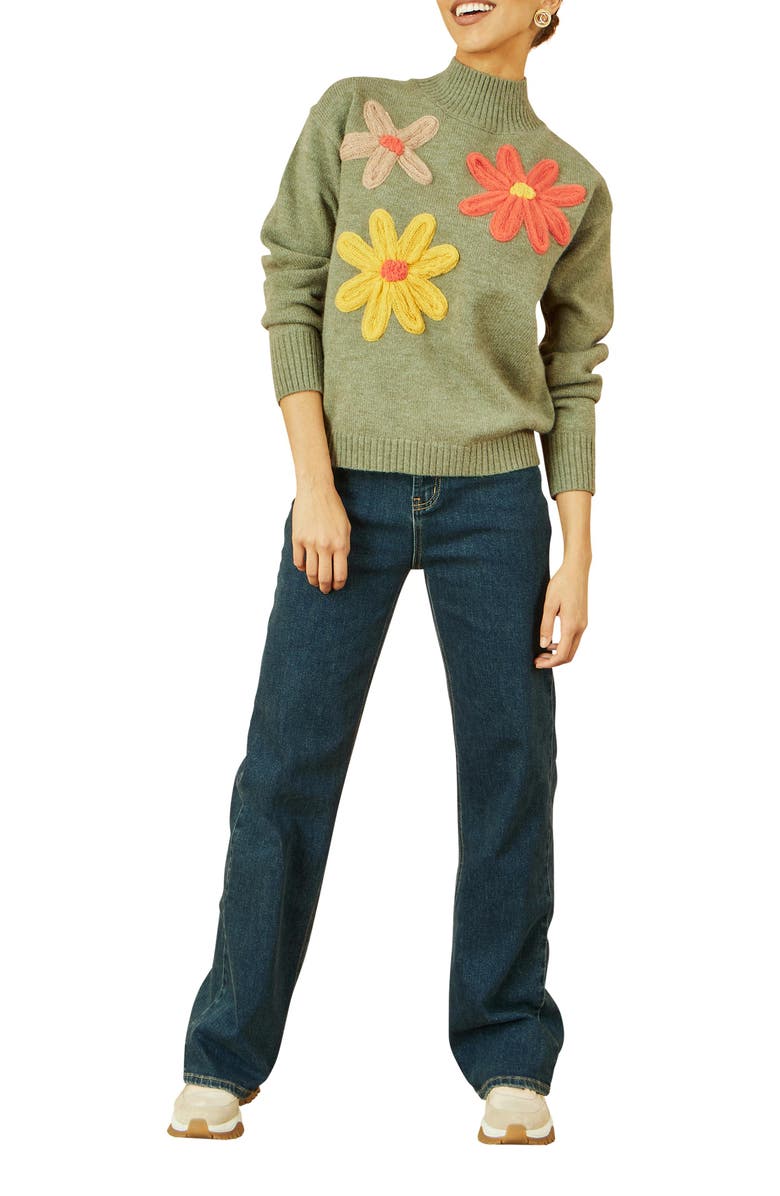 Yumi Floral Detail High Neck Knit Sweater, Alternate, color,