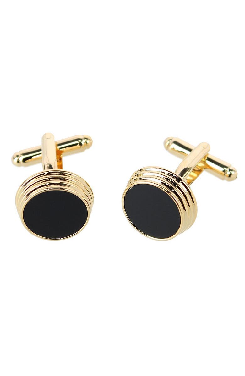 Trafalgar Xaviar Ring Detailed Circular Cufflink Stud Set, Alternate, color, Gold With Onyx