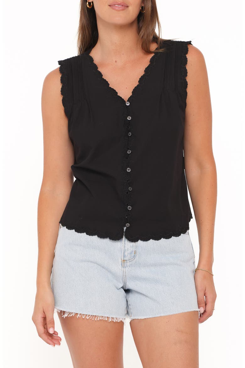 Lori Lace Trim Sleeveless Cotton Button-Up Shirt, Main, color, BLACK