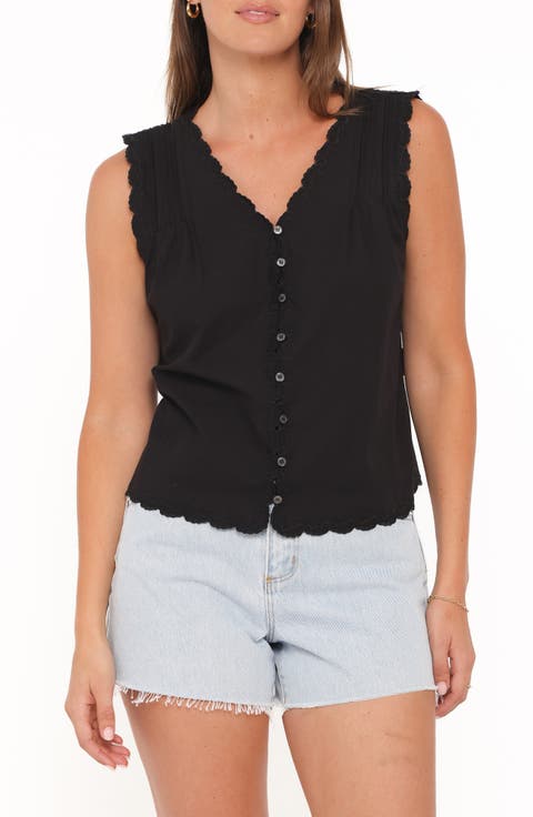 Lori Lace Trim Sleeveless Cotton Button-Up Shirt