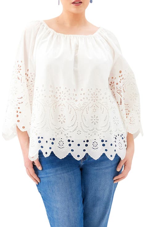 Eyelet Embroidered Peasant Top (Plus)