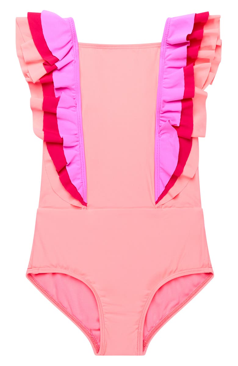 Beach Lingo Kids' Ruffle One-Piece Swimsuit, Main, color, Tangerine