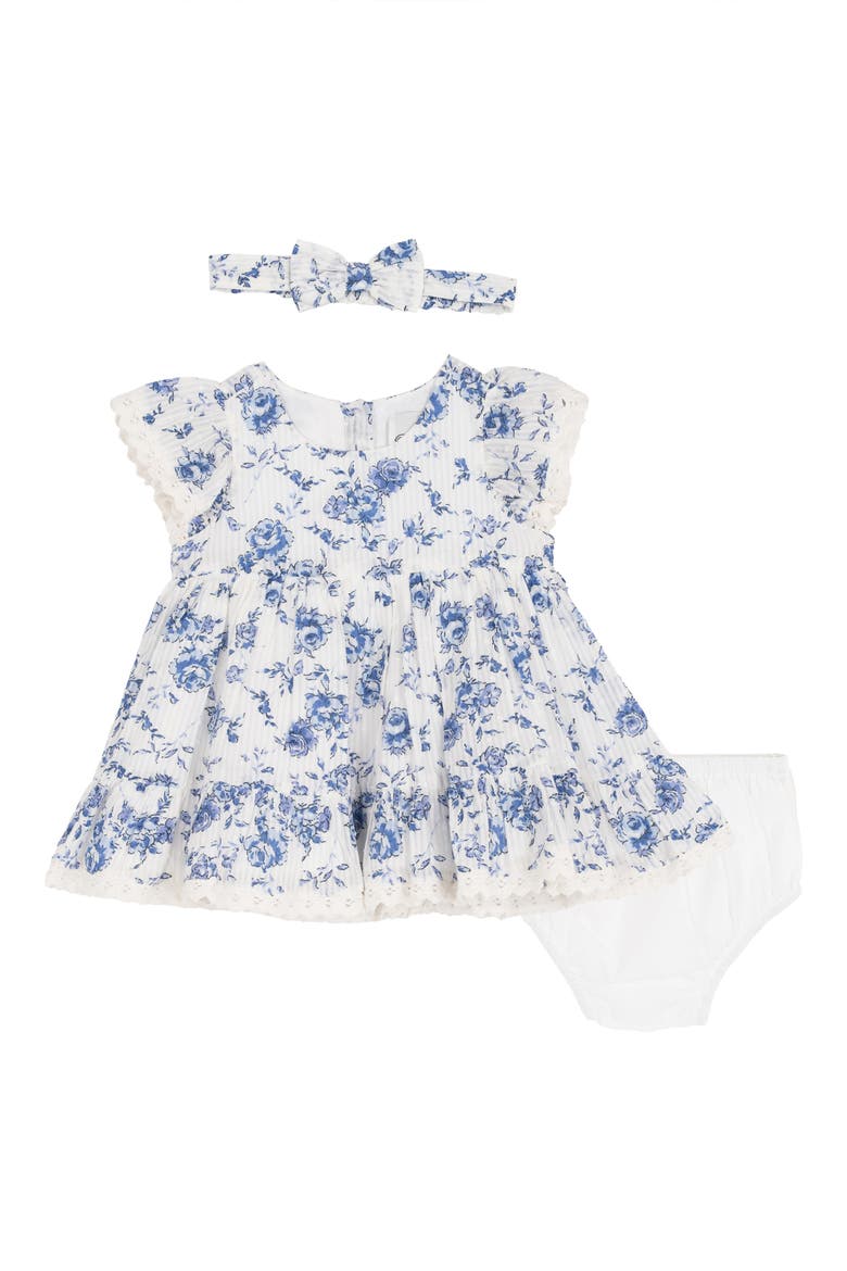 Floral Toile Dress, Bloomers & Headband Set, Main, color, BLUE