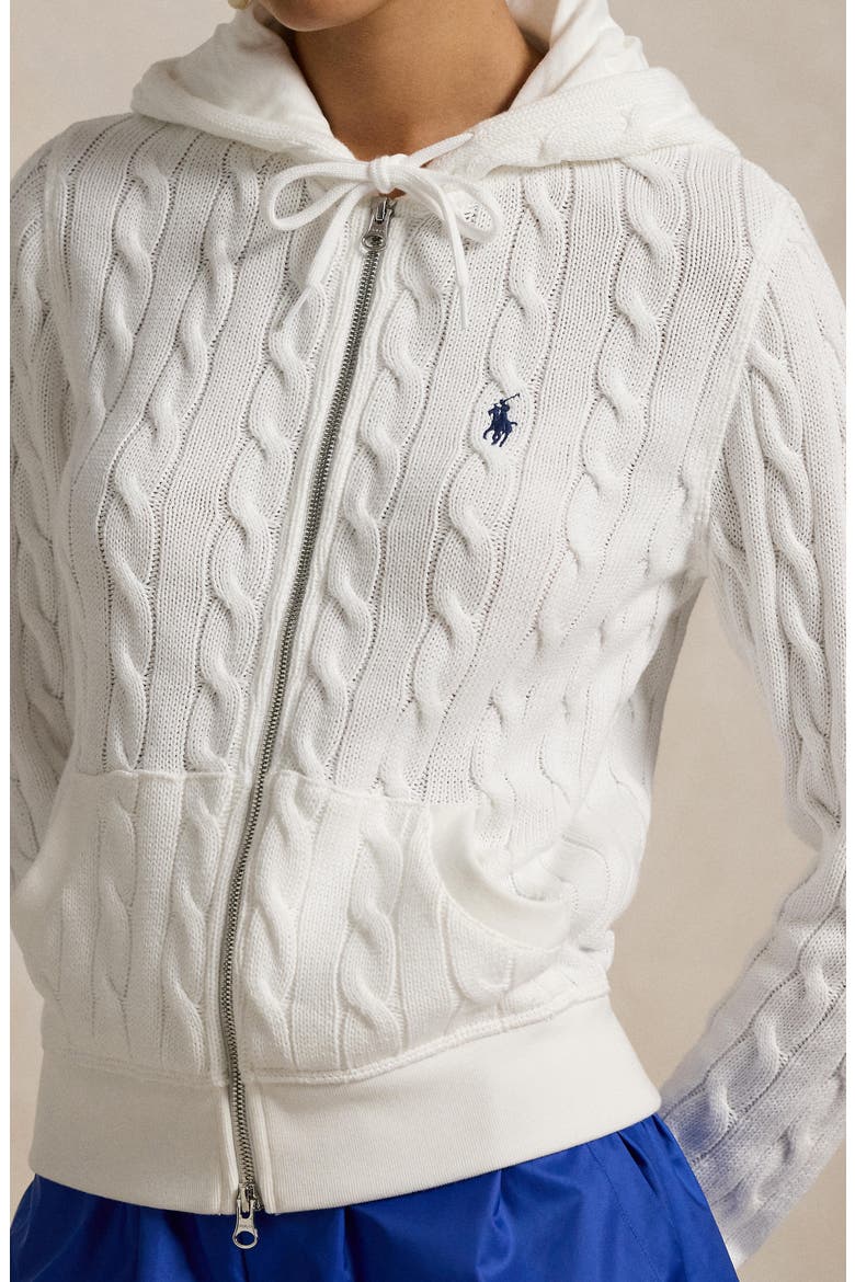 Cable Knit Cotton Zip Hoodie, Alternate, color, WHITE