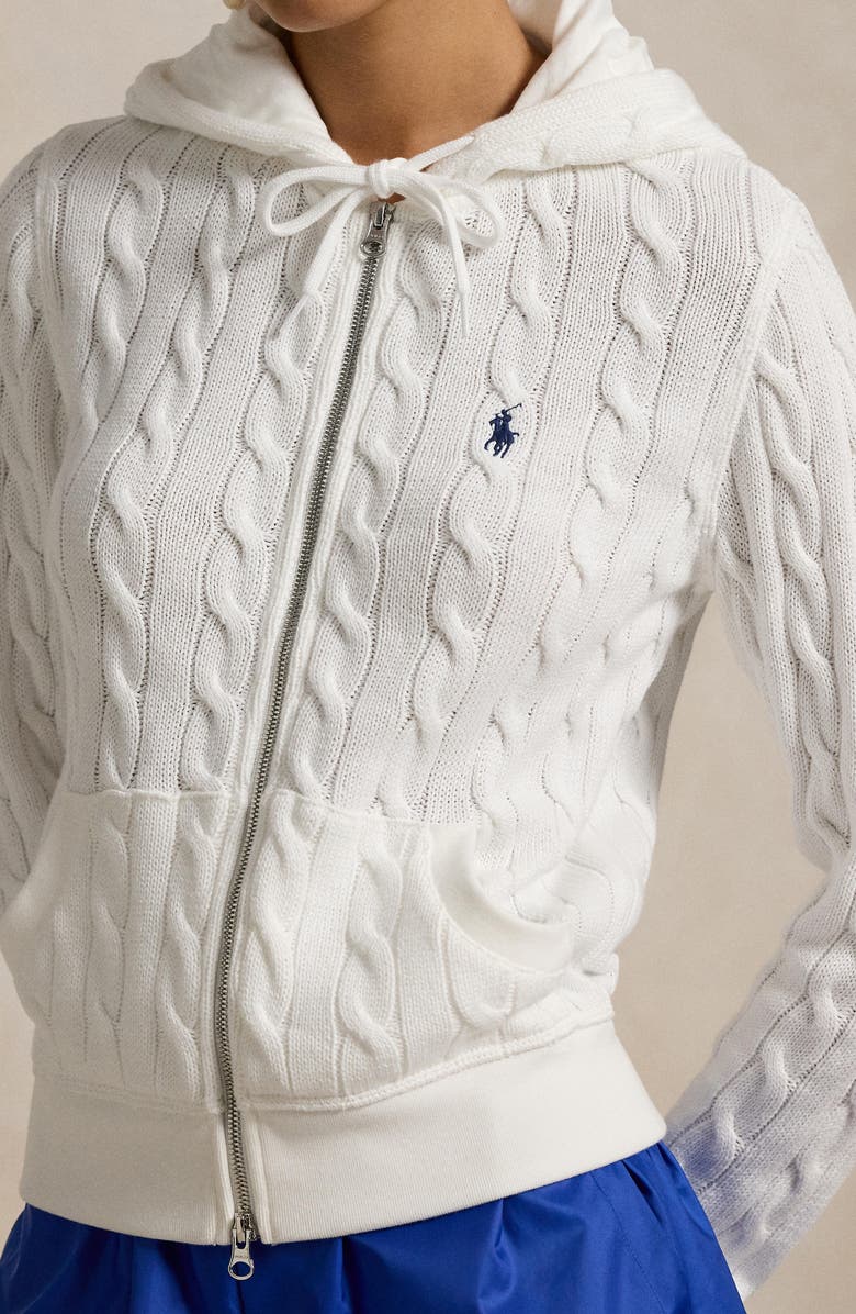 Polo Ralph Lauren Cable Knit Cotton Zip Hoodie, Alternate, color, White