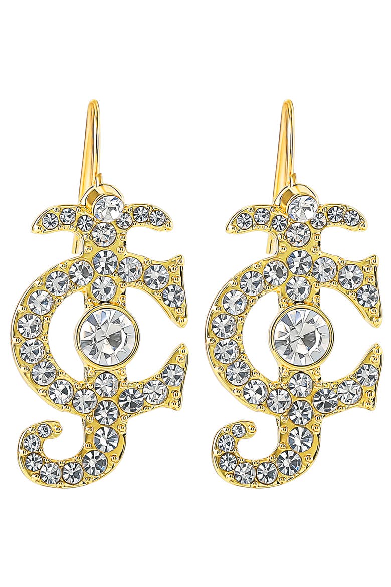 Rhinestone Logo Drop Earrings for Women, Gold-Tone, Alternate, color, Gold-Tone