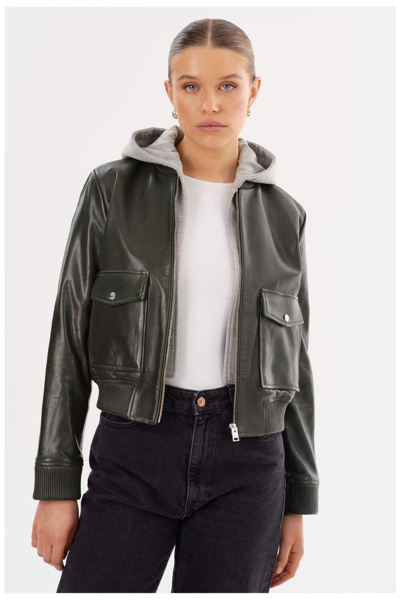 CANDACE | Leather Bomber Jacket, Main, color, Dark Olive/Heather Grey