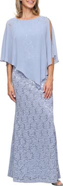 SL FASHIONS Beaded Lace & Chiffon Capelet Gown