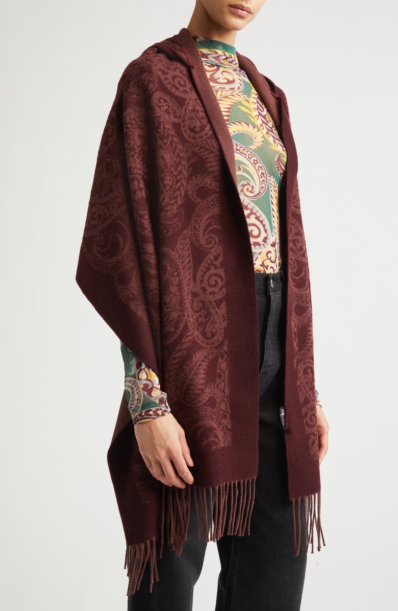 Etro Hooded Wool Paisley Fringe Scarf, Alternate, color, Burgundy