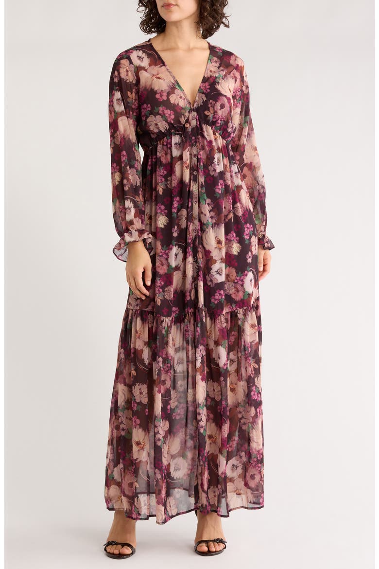 Floral Tiered Long Sleeve Chiffon Minidress, Main, color, PLUM/ DUSTY ROSE