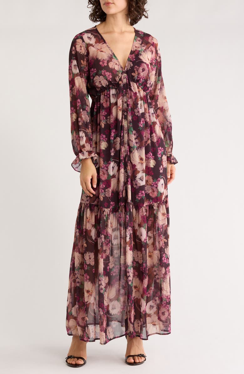 Lovestitch Floral Tiered Long Sleeve Chiffon Minidress, Main, color, Plum/ Dusty Rose
