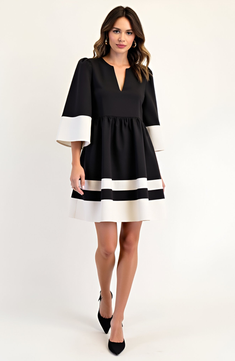 Fit-and-Flare Contrast Trim V-Neck Cuffed Sleeve Mini Dress