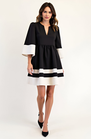 Modenaire Fit-and-Flare Contrast Trim V-Neck Cuffed Sleeve Mini Dress