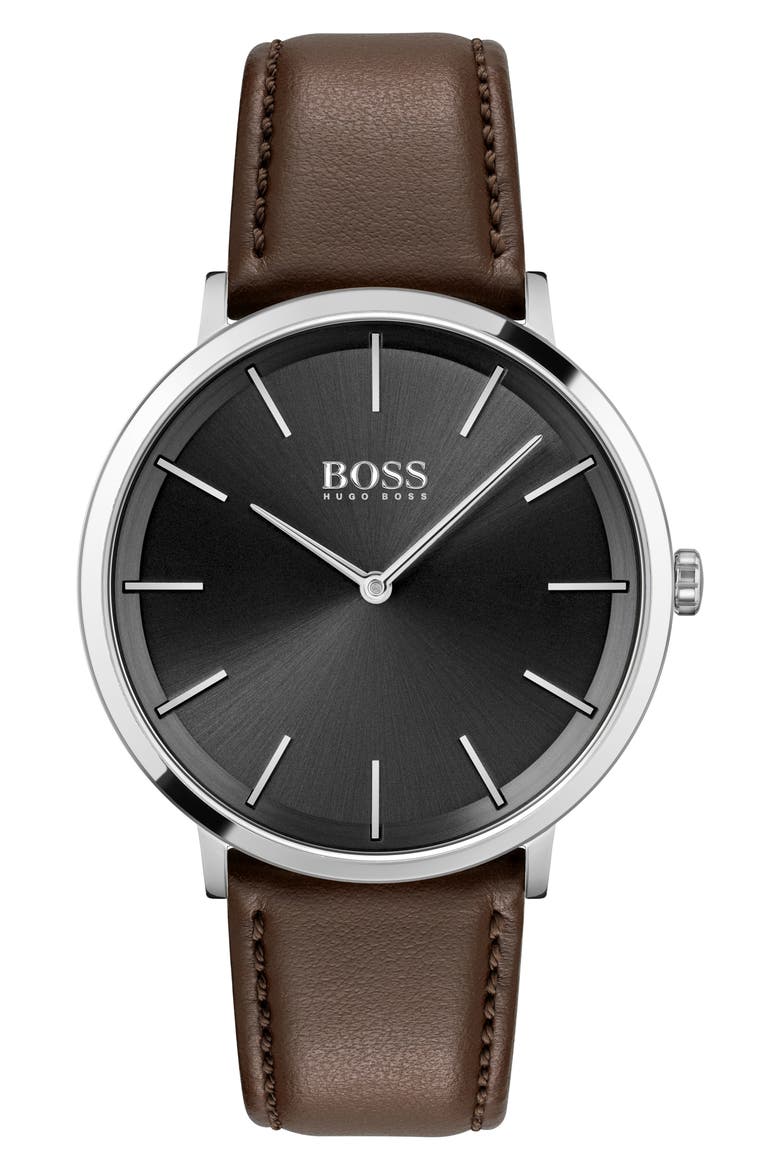 Skyliner Leather Strap Watch, 40mm, Main, color, BROWN