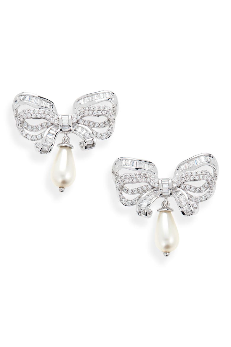 Imitation Pearl Drop Pavé Bow Earrings, Main, color, GOLD/ CLEAR