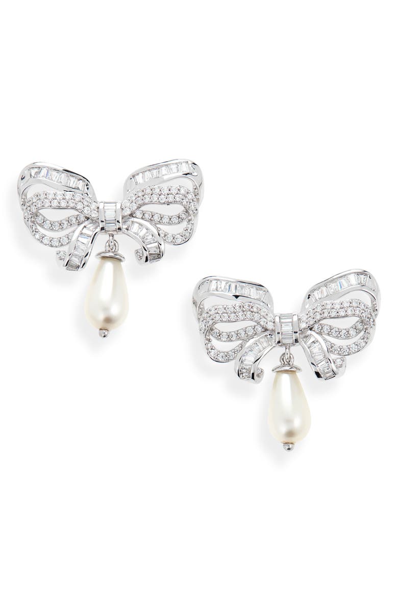 JUDITH LEIBER COUTURE Imitation Pearl Drop Pavé Bow Earrings, Main, color, 